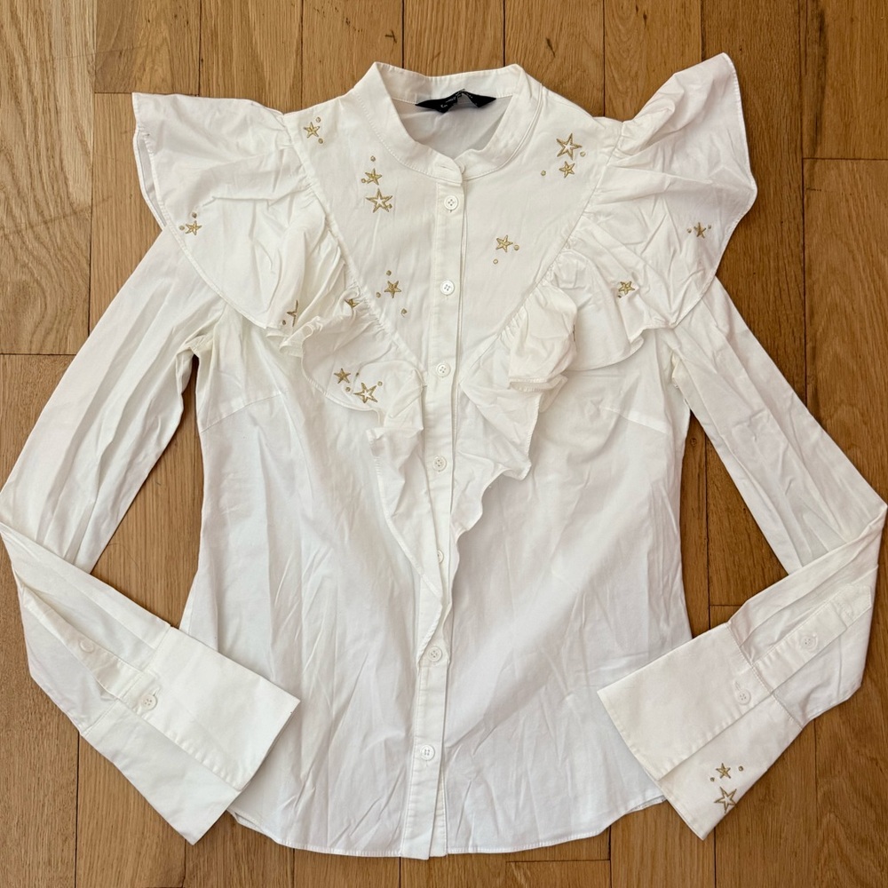 Women’s Top Karen Millen Embroidered Star Ruffle White Button Up Size US 6